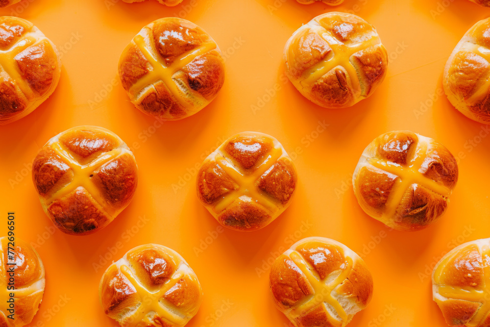 Overhead view of traditional easter hot cross buns, an easter snack - obrazy, fototapety, plakaty 