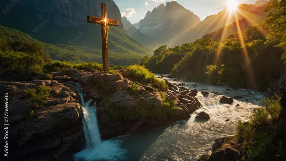 Christian Cross with creek and sunrise - Video Loop