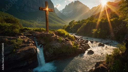 Christian Cross with creek and sunrise - Video Loop photo