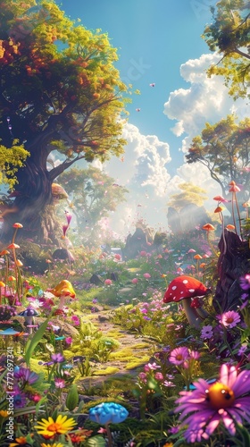 Lush magical meadow with a vibrant tree and flowering plants under a sunny sky