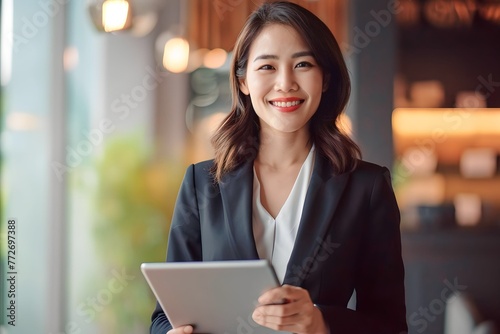 asian woman holding tablet phone in office