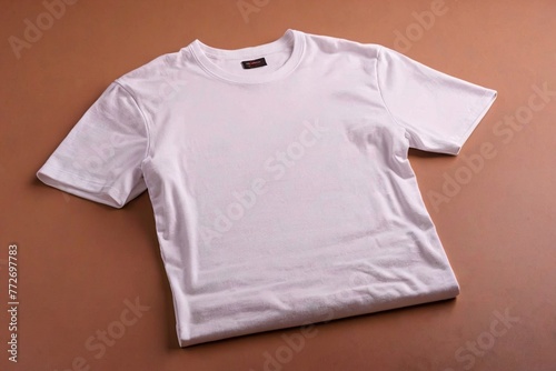 Product packaging mockup photo ofFolded crew neck t-shirt, studio advertising photoshoot