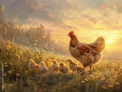 A heartwarming scene of a mother hen leading her chicks through a meadow at sunrise