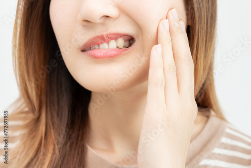 Asian woman feel toothache from gingivitis, female suffer tooth, decay problems, dental care. sensitive tooth, decay problem, bad breath, Gingival Recession, Oral Hygiene instruction, tooth extraction