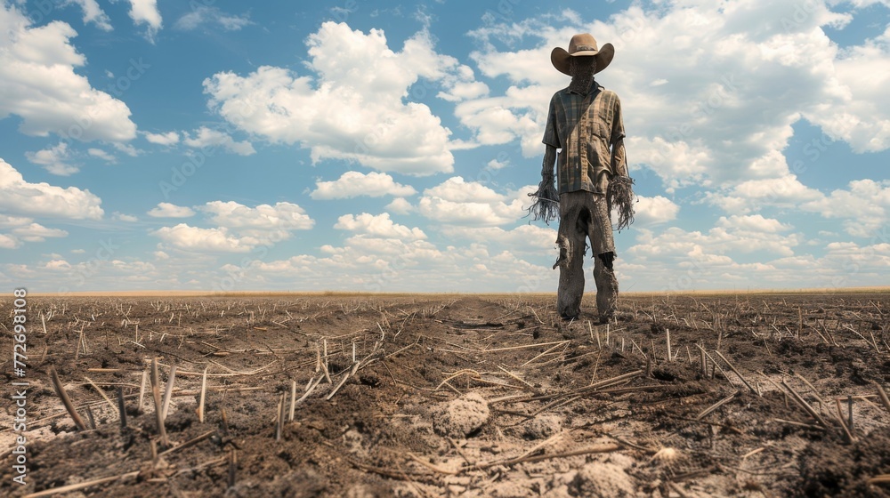 A lone scarecrow standing tall in a barren burned field surrounded by scorched soils and sweltering heat representing the futility of protecting crops in the face of intense A lone scarecrow standing tall in a barren burned field surrounded by scorched soils and sweltering heat representing the futility of protecting crops in the face of intense