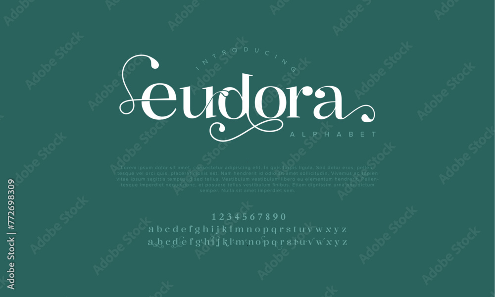 Eudora premium luxury elegant alphabet letters and numbers. Vintage wedding typography classic serif font decorative vintage retro. Creative vector illustration
