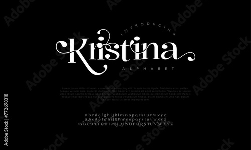 Kristina premium luxury elegant alphabet letters and numbers. Vintage wedding typography classic serif font decorative vintage retro. Creative vector illustration photo