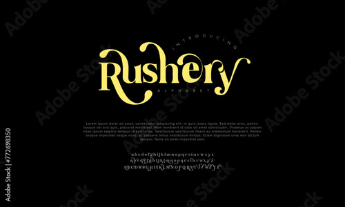 Rushery premium luxury elegant alphabet letters and numbers. Vintage wedding typography classic serif font decorative vintage retro. Creative vector illustration