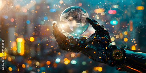 Mão robótica futurista segurando esfera digital brilhante photo