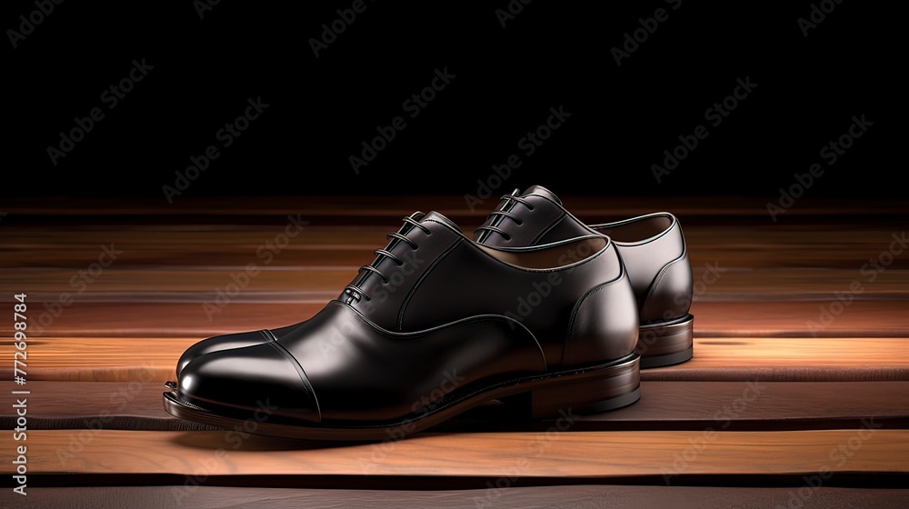 A pair of classic black leather crafted on a polished brown wooden floor, Generative ai.