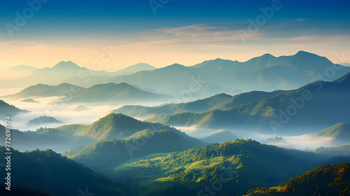 Beautiful sunrise at misty morning mountains © Derby