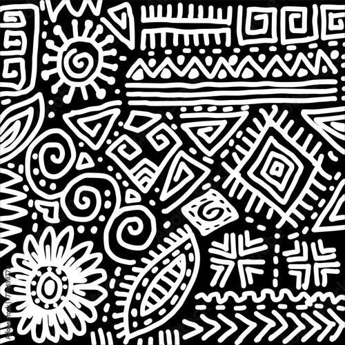 Black and white tribal ethnic seamless pattern. Hand drawn vector illustration.