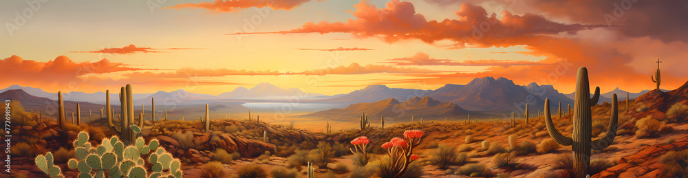  Painting of the Arizona desert with cacti and mountains, sunset sky, orange clouds, with an arizona lake in background  - obrazy, fototapety, plakaty 