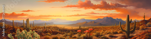  Painting of the Arizona desert with cacti and mountains, sunset sky, orange clouds, with an arizona lake in background  photo