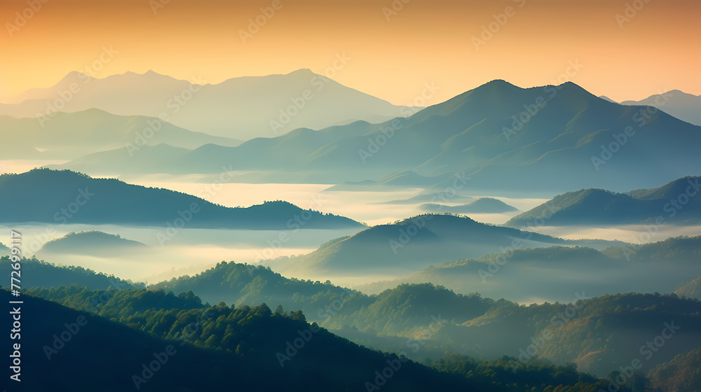 Beautiful sunrise at misty morning mountains
