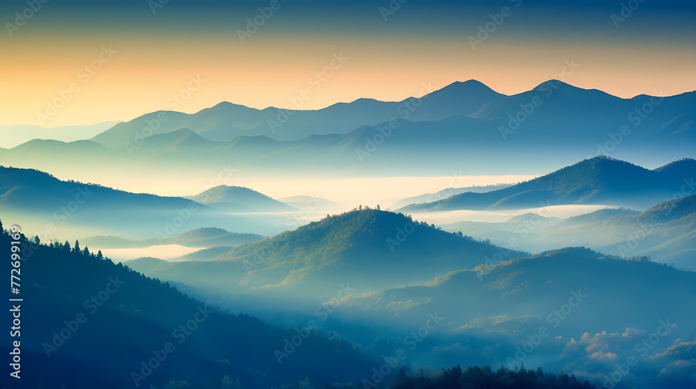 Obraz premium Beautiful sunrise at misty morning mountains