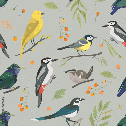 Seamless pattern with cartoon forest birds, leaves and berries. Woodpecker, starling, magpie, yellow hammer, tit, nuthatch.