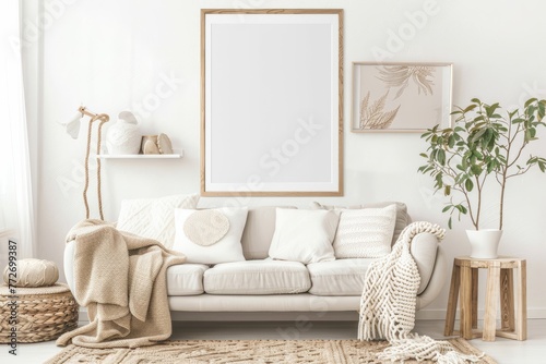 Living room with wood furniture, rectangle picture frame, couch, and plant