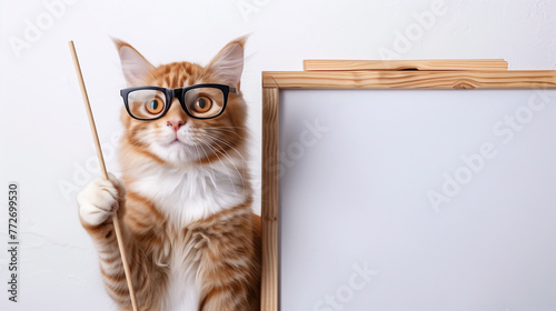 Intelligent and cute cat with glasses teaching on the whiteboard