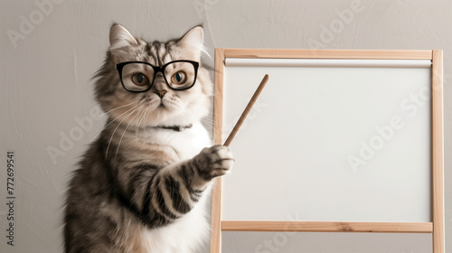 Intelligent and cute cat with glasses teaching on the whiteboard