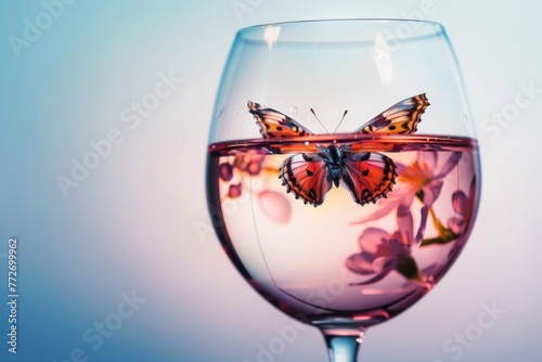 Wine glass containing a delicate liquid and a vivid butterfly, creating an enchanting visual juxtaposition.