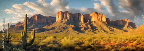 A digital painting of the Superstition Mountains in Arizona, with towering rock formations and cacti under a cloudy sky.