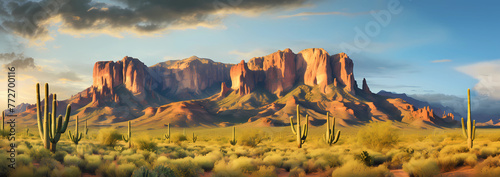 Superstition Mountains in Arizona, Desert landscape with cacti and mountains in the background