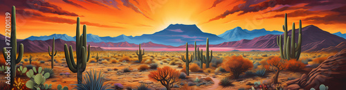 The desert landscape of the Arizona Desert in bright orange and red, with cacti, mountains, and sunset in background