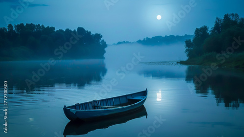 A lone boat drifting along the calm waters of a river guided by the soft moonlight. . .