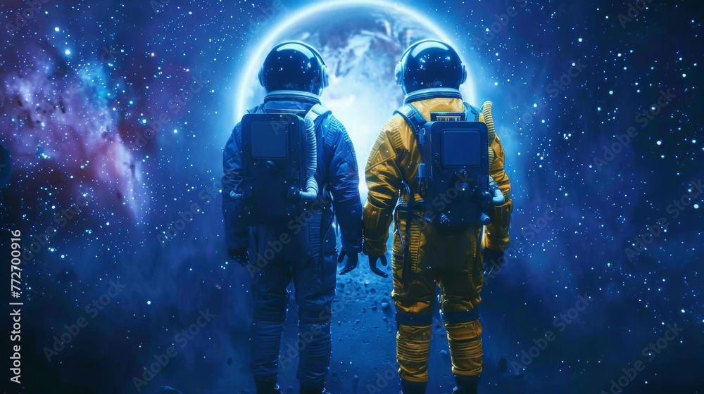 Two astronauts one in a blue suit and the other in a yellow suit stand side by side facing the wormhole. Though we cannot see their . .