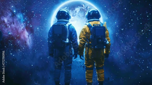 Two astronauts one in a blue suit and the other in a yellow suit stand side by side facing the wormhole. Though we cannot see their . .