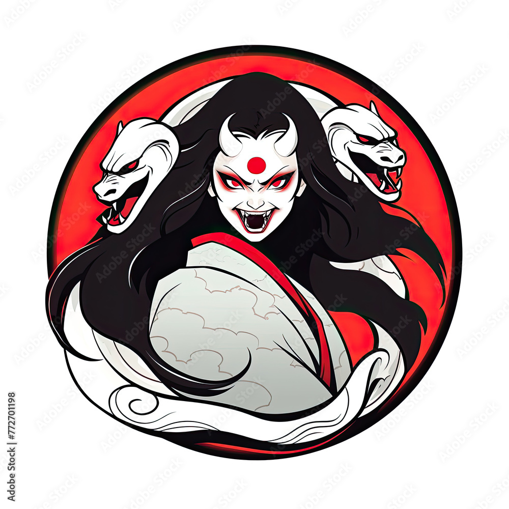 An illustration of a rokurokubi demon looking at the camera within a ...