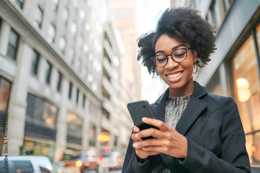 African woman holding smart phone on urban street