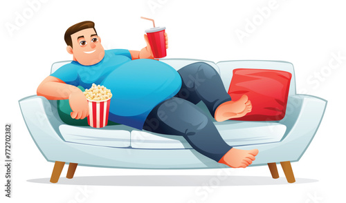Fat man lying on the sofa while holding drink and popcorn. Vector illustration isolated on white background