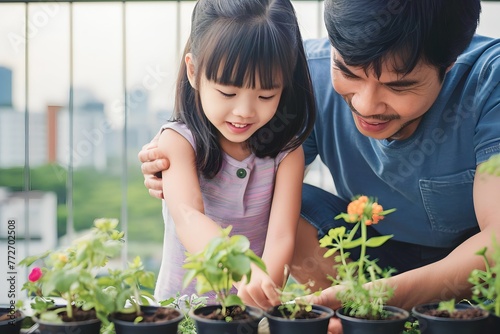 Asian father and daughter are planting flower plants at home