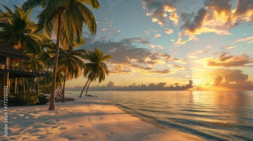 Against a backdrop of swaying palm trees and a stunning sunset sky this tropical paradise podium image captures the essence of a dreamy . .