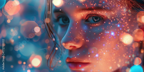Portrait of a Woman with Sparkles on Her Face and Bokeh Lights in the Background, Capturing Beauty and Magic