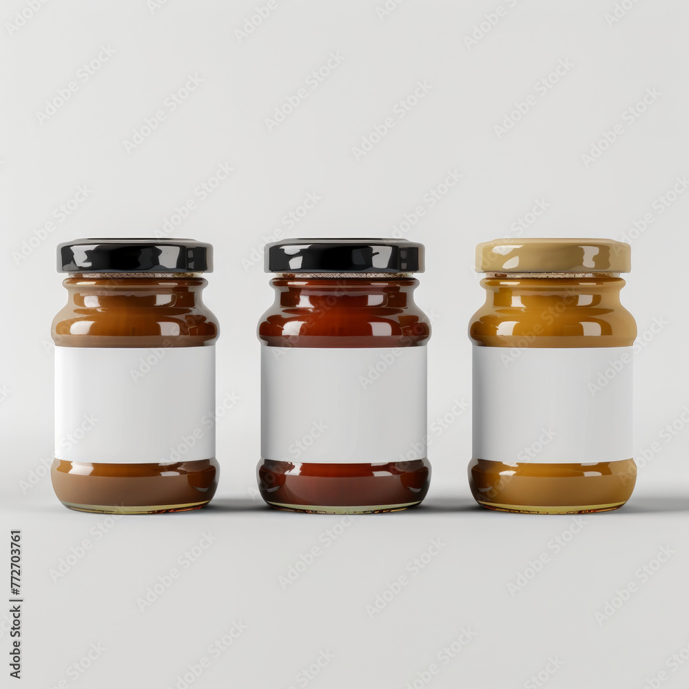 A trio of glass jars filled with various brown content, each featuring a wide blank label, against a white backdrop A trio of glass jars filled with various brown content, each featuring a wide blank label, against a white backdrop