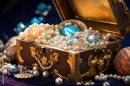 Close-up of pearls and gemstones inside an open treasure chest.