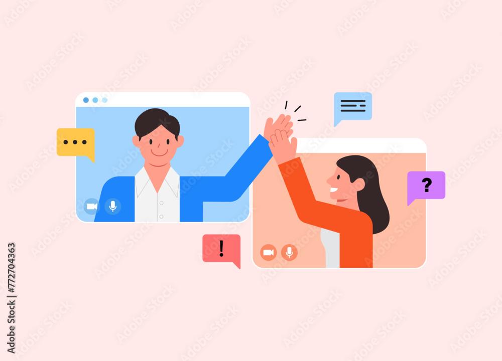 Virtual online meeting. Worker do video call. Friendly team. Man, woman give each other high five. Employees are satisfied with the work done. Team success. Vector Illustration Virtual online meeting. Worker do video call. Friendly team. Man, woman give each other high five. Employees are satisfied with the work done. Team success. Vector Illustration