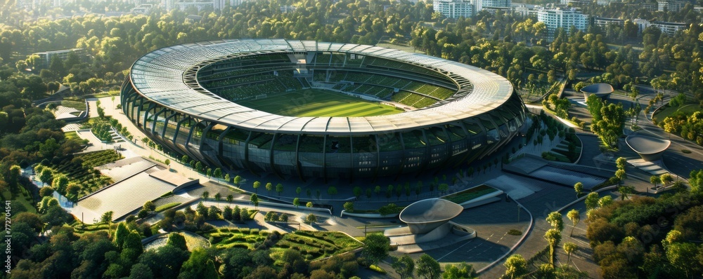 Dynamic aerial shot of a green-powered stadium