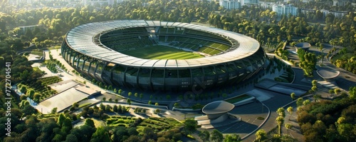 Dynamic aerial shot of a green-powered stadium