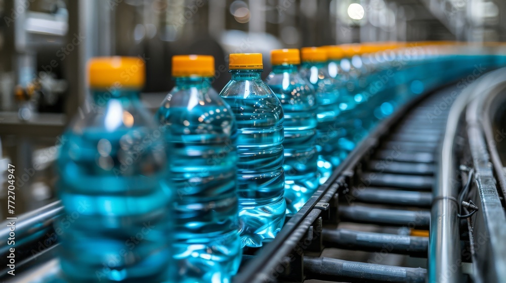 Water bottles moving on automatic conveyor line in water production factory