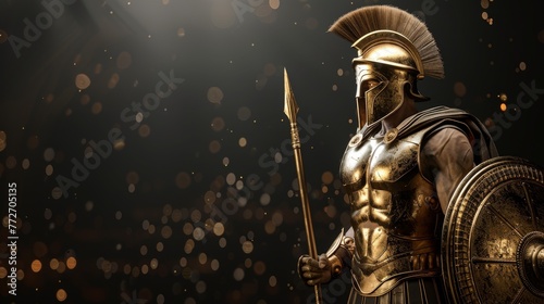 Spartan king demigod, clad in golden armor, wields spear and shield with battle-worn grunge backdrop photo