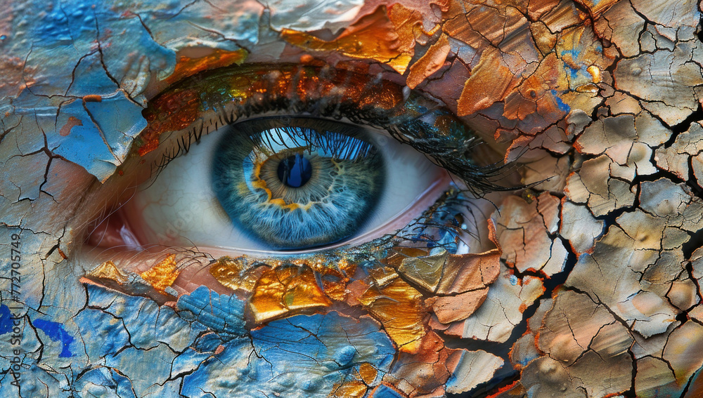 Macro photo of blue eye with cracked surface resembling a broken wall
