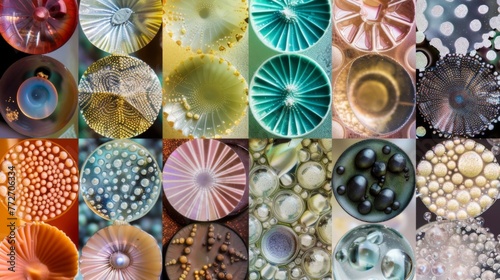 A collage of various diatom shells highlighting the diverse range of colors and patterns found in these microscopic organisms showcasing photo