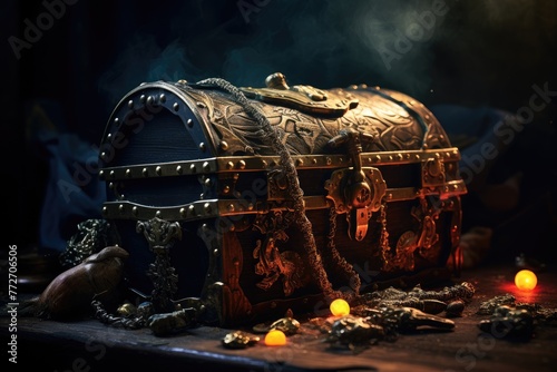 Pirate's cutlass and pistol on a treasure chest. photo