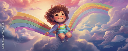 Happy child on sky playing with joy on colorful rainbow in the sky. World Children's Day. Shelter for children concept. Kid banner, birthday greeting card, template with copy space