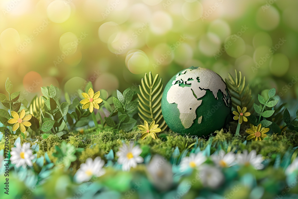 Concept of world environment and earth day with green globe and eco-friendly environment Concept of world environment and earth day with green globe and eco-friendly environment