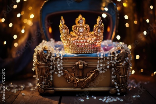 Jeweled crown inside a treasure chest.
